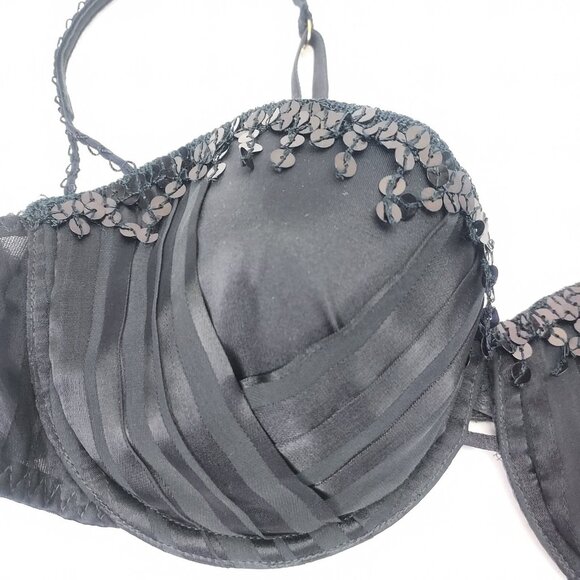 Victoria Secret Bra 36C Very Sexy Lined Demi Sequins Satin Stripe Black Padded - Picture 5 of 11